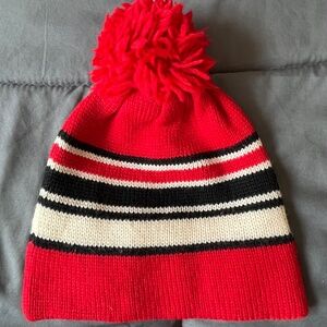Vintage Meister Wool Beanie - Red with white and black stripes + pom pom on top